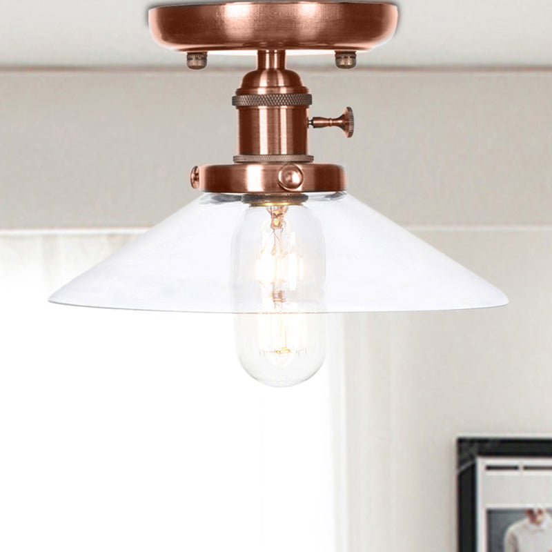 Industrial Antique Copper Semi Mount Ceiling Light with Opal/Clear Glass Shade