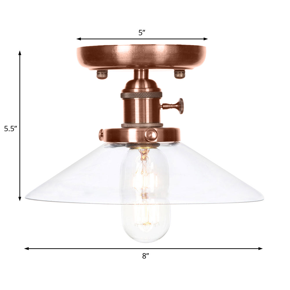 Industrial Antique Copper Semi Mount Ceiling Light with Opal/Clear Glass Shade