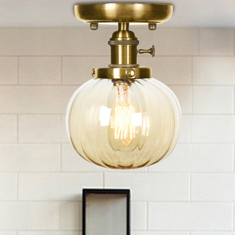 Semi Flush Bronze Globe Round Ceiling Light with Industrial Clear/Amber Glass - 1-Light Fixture for Living Room