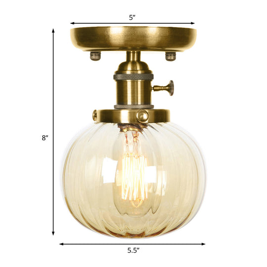 Semi Flush Bronze Globe Round Ceiling Light with Industrial Clear/Amber Glass - 1-Light Fixture for Living Room