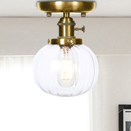 Semi Flush Bronze Globe Round Ceiling Light with Industrial Clear/Amber Glass - 1-Light Fixture for Living Room