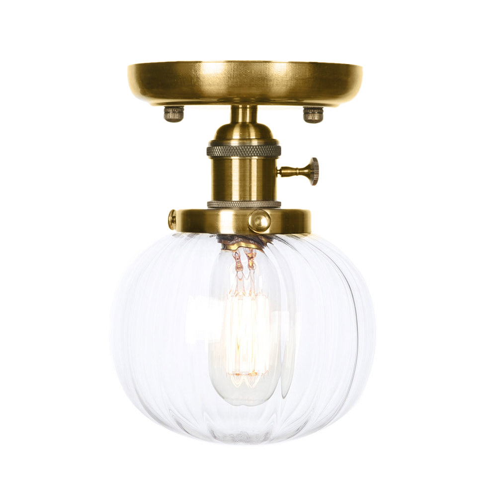 Semi Flush Bronze Globe Round Ceiling Light with Industrial Clear/Amber Glass - 1-Light Fixture for Living Room