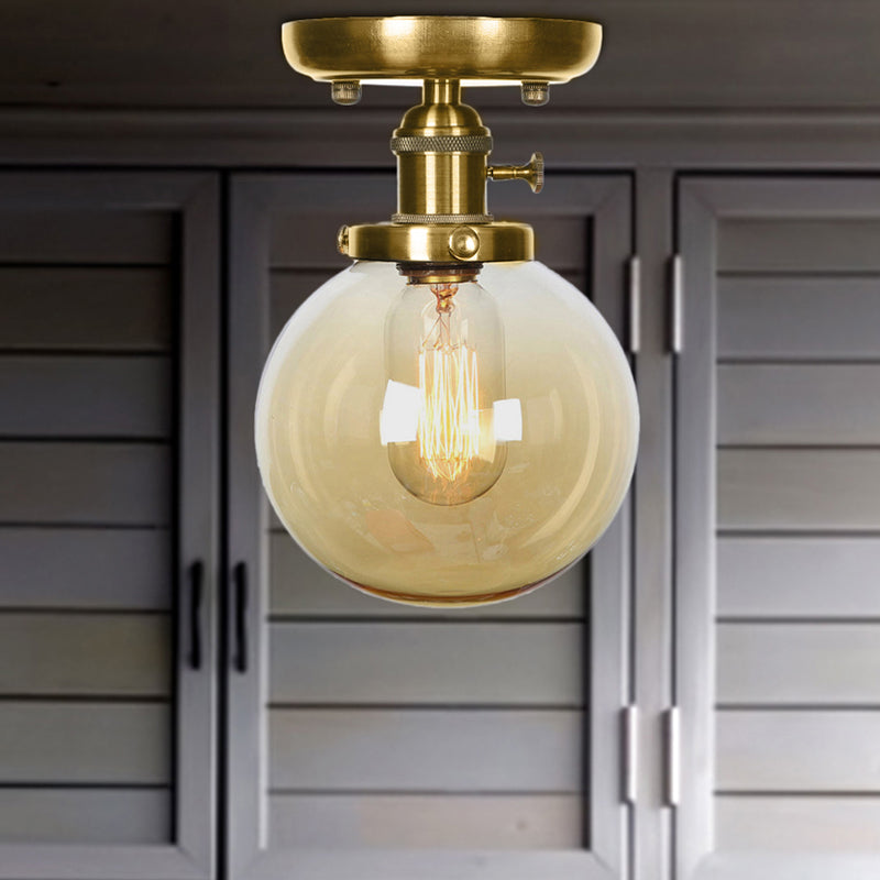 Semi Flush Bronze Globe Round Ceiling Light with Industrial Clear/Amber Glass - 1-Light Fixture for Living Room