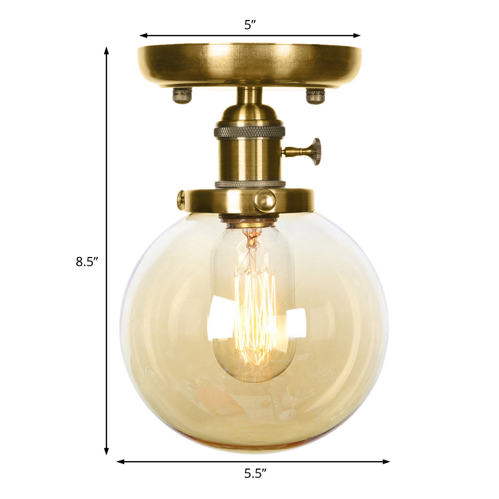 Semi Flush Bronze Globe Round Ceiling Light with Industrial Clear/Amber Glass - 1-Light Fixture for Living Room