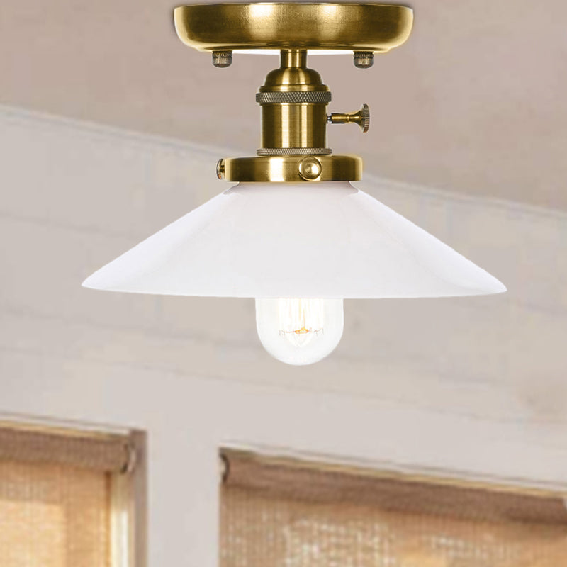 Industrial Bronze Cone/Saucer Semi Flush Mount Light with White/Clear Glass - 1 Light Living Room Ceiling Fixture