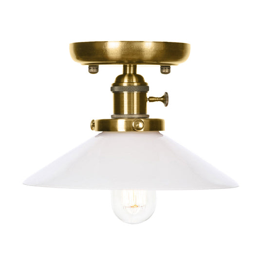 Industrial Bronze Cone/Saucer Semi Flush Mount Light with White/Clear Glass - 1 Light Living Room Ceiling Fixture