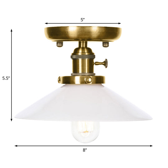 Industrial Bronze Cone/Saucer Semi Flush Mount Light with White/Clear Glass - 1 Light Living Room Ceiling Fixture