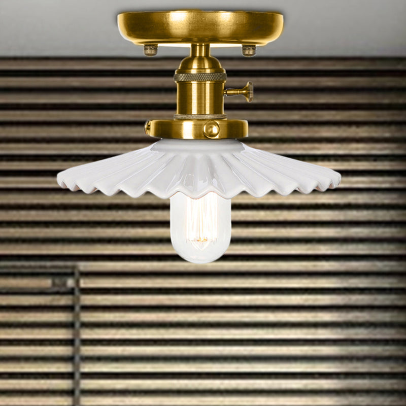 Industrial Bronze Cone/Saucer Semi Flush Mount Light with White/Clear Glass - 1 Light Living Room Ceiling Fixture