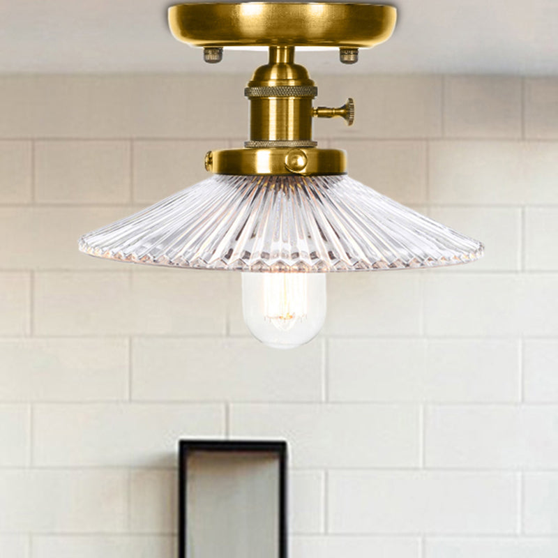 Industrial Bronze Cone/Saucer Semi Flush Mount Light with White/Clear Glass - 1 Light Living Room Ceiling Fixture