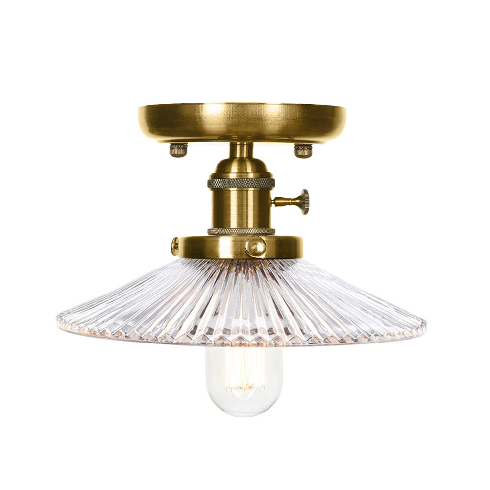 Industrial Bronze Cone/Saucer Semi Flush Mount Light with White/Clear Glass - 1 Light Living Room Ceiling Fixture