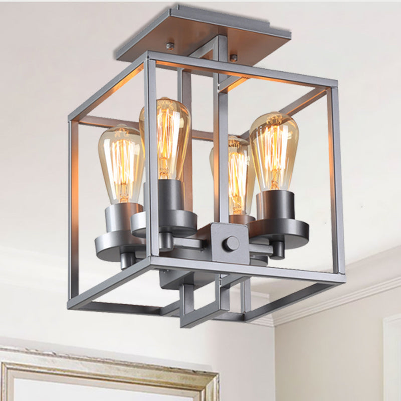 Semi Flush Industrial Metal Ceiling Lighting - Square Living Room 4 Lights Black/Silver/Gold Silver