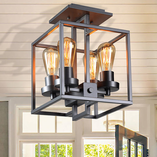 Semi Flush Industrial Metal Ceiling Lighting - Square Living Room, 4 Lights, Black/Silver/Gold