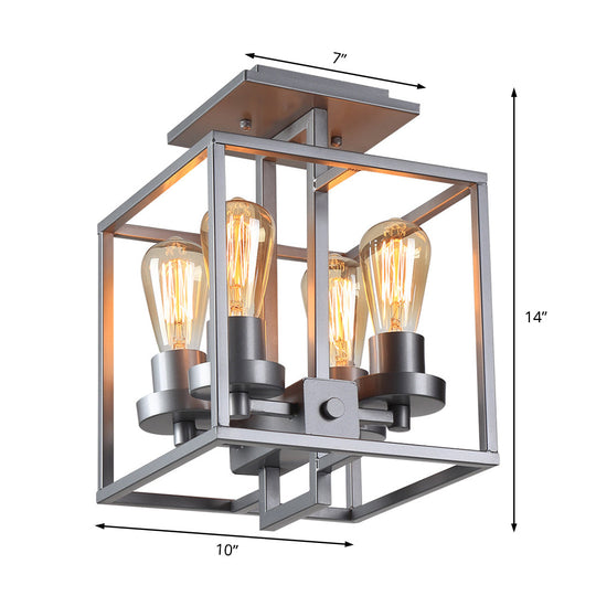 Semi Flush Industrial Metal Ceiling Lighting - Square Living Room, 4 Lights, Black/Silver/Gold