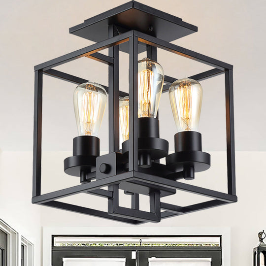 Semi Flush Industrial Metal Ceiling Lighting - Square Living Room, 4 Lights, Black/Silver/Gold