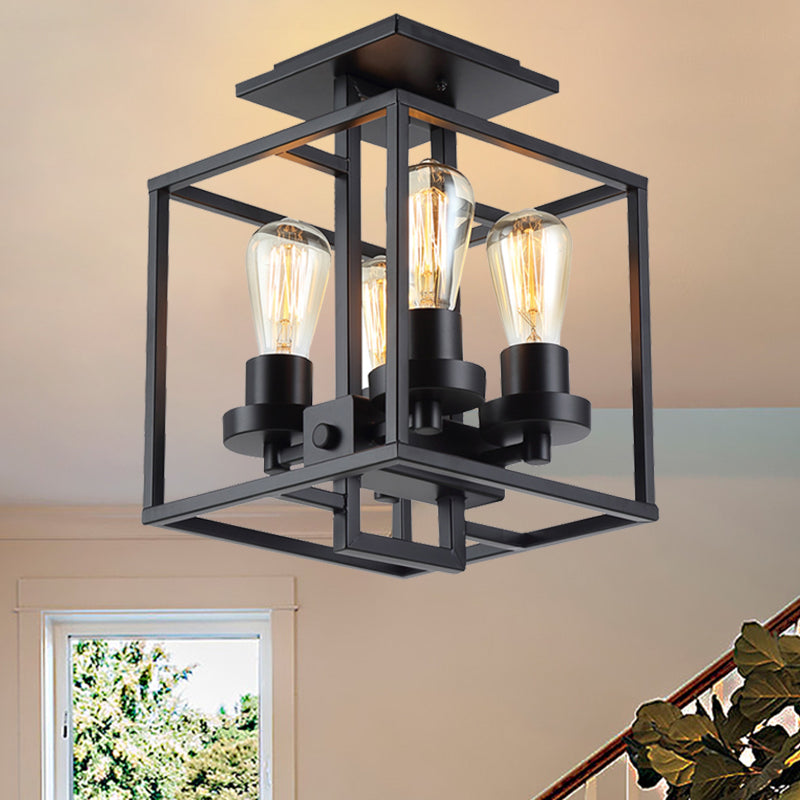 Semi Flush Industrial Metal Ceiling Lighting - Square Living Room 4 Lights Black/Silver/Gold