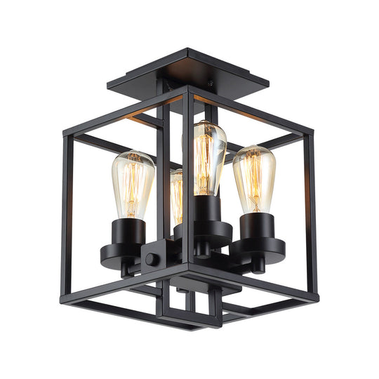 Semi Flush Industrial Metal Ceiling Lighting - Square Living Room 4 Lights Black/Silver/Gold