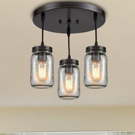 Industrial Black Mason Jar Pendant Light With Clear Etched Glass Trio - Perfect Living Room Ceiling