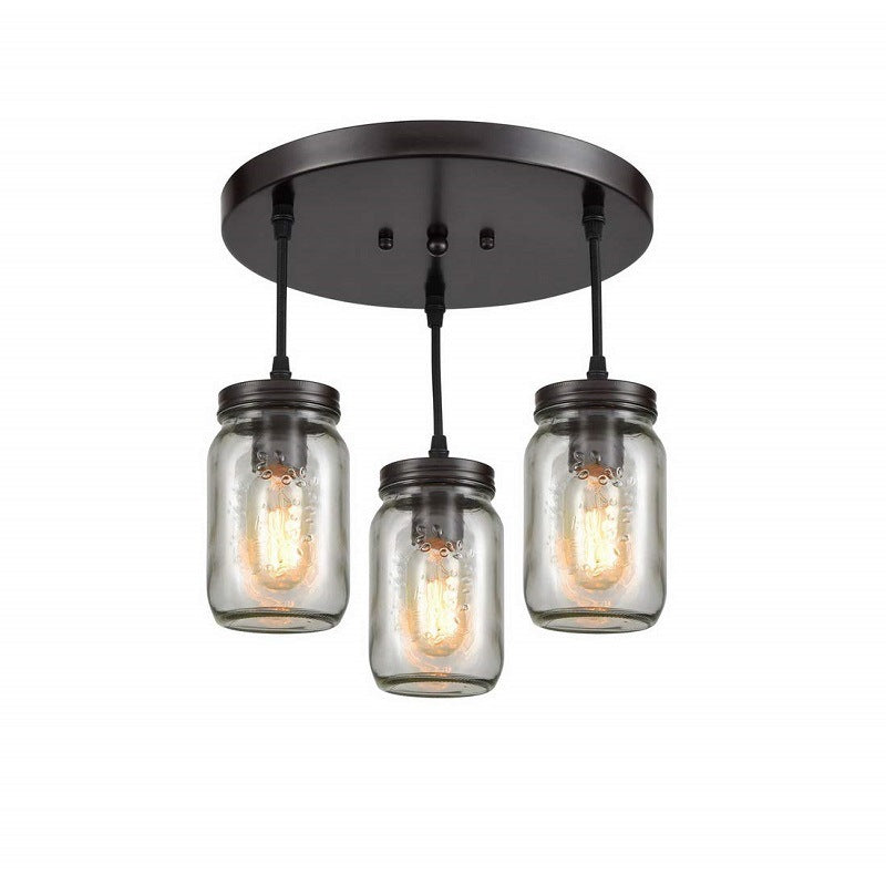 Industrial Black Mason Jar Pendant Light With Clear Etched Glass Trio - Perfect Living Room Ceiling