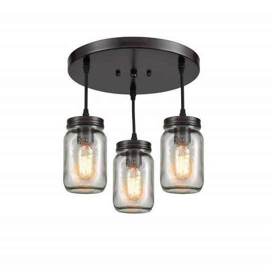 Industrial Black Mason Jar Pendant Light With Clear Etched Glass Trio - Perfect Living Room Ceiling