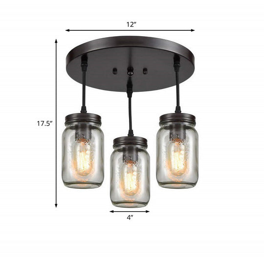 Industrial Black Mason Jar Cluster Pendant Light w/ Clear Etched Glass - 3 Lights, Perfect for Living Room Ceiling Lighting