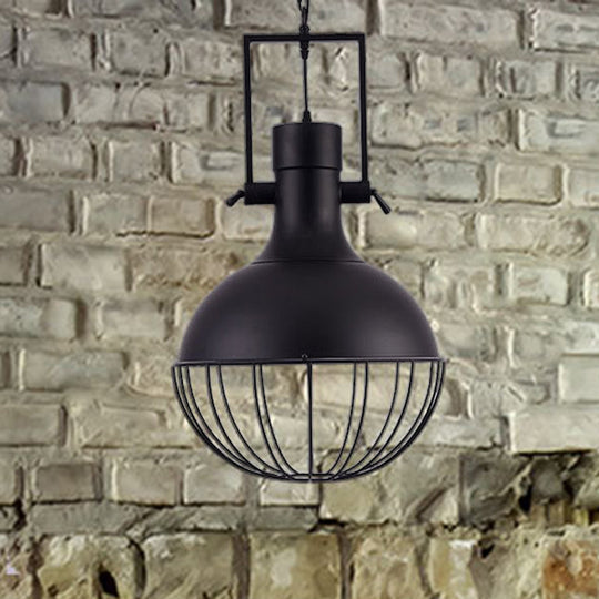 Black Dome Pendant Ceiling Light - Farmhouse Style Metal Hanging Lamp with Cage and Swivel Joint