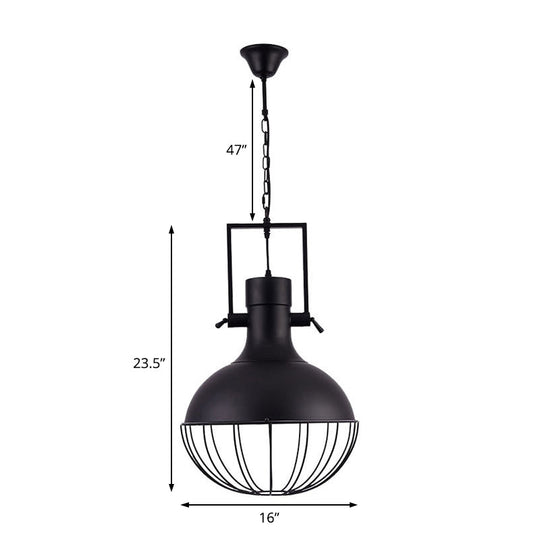 Black Dome Pendant Ceiling Light - Farmhouse Style Metal Hanging Lamp with Cage and Swivel Joint