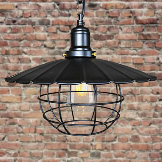 Black Industrial Metal Scalloped Pendant Light with Cage - 1-Light Hanging Lamp for Indoor