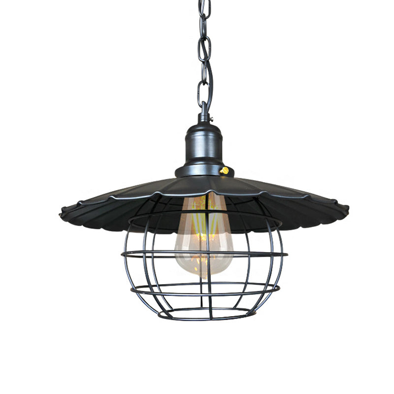 Black Industrial Metal Scalloped Pendant Light with Cage - 1-Light Hanging Lamp for Indoor