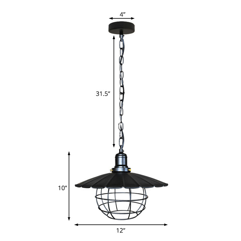 Black Industrial Metal Scalloped Pendant Light with Cage - 1-Light Hanging Lamp for Indoor