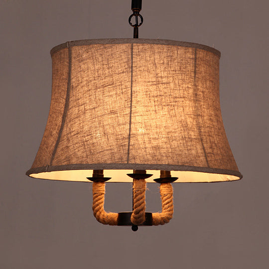 Industrial Beige Chandelier Light with Multi Lights & Fabric Dome Shade - Ceiling Pendant Fixture with Hemp Rope