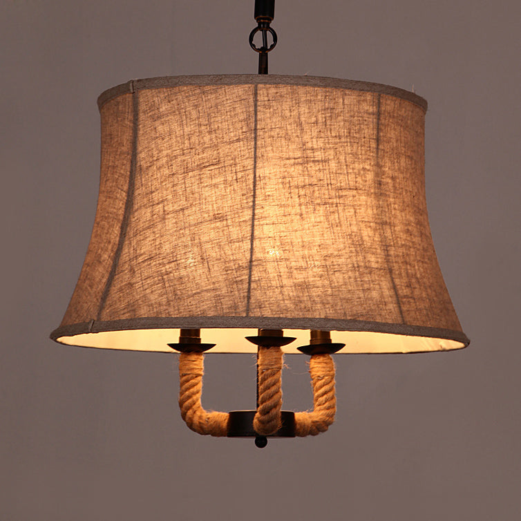 Industrial Beige Multi-Light Chandelier With Fabric Dome Shade - Hemp Rope Accent