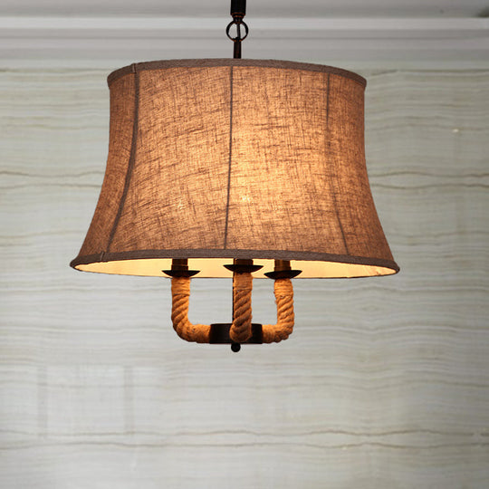 Industrial Beige Chandelier Light with Multi Lights & Fabric Dome Shade - Ceiling Pendant Fixture with Hemp Rope