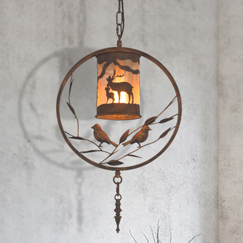 Vintage Rustic Cylinder Wall Sconce with Fabric Bird Accent - 1-Light Metal Lamp for Dining Room