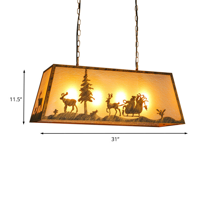 Rustic Etched Linear Island Lamp - 4-Light Plastic And Metal Ceiling Light In Beige