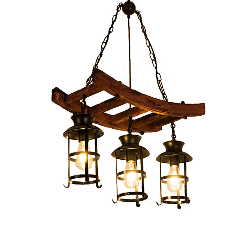 Industrial Metal Pendant Chandelier - Caged Dining Room Light Fixture with 3 Black Hanging Lights