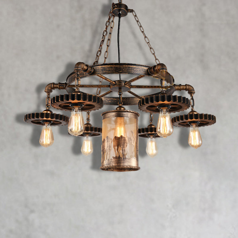 Vintage Metal Cylinder Chandelier With Gear In Bronze - 5/7 Light Pendant For Dining Room 7 /