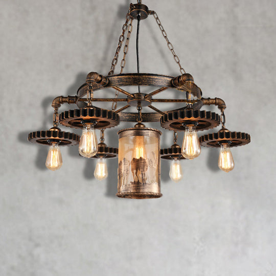 Vintage Metal Cylinder Chandelier With Gear In Bronze - 5/7 Light Pendant For Dining Room 7 /