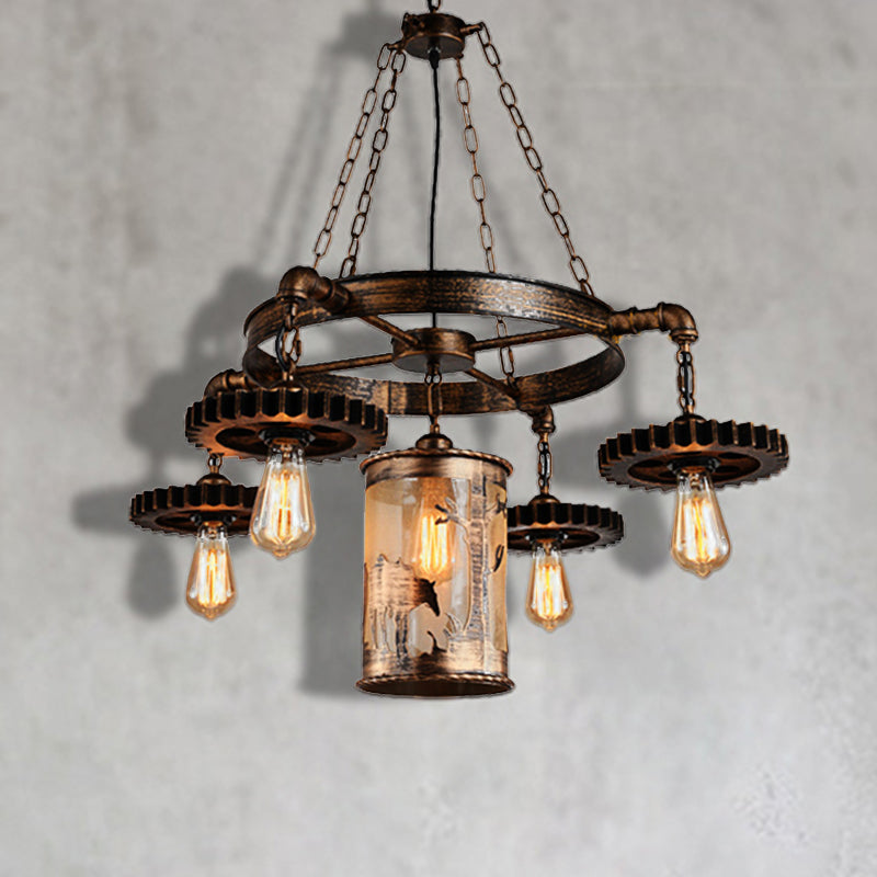 Vintage Metal Cylinder Chandelier With Gear In Bronze - 5/7 Light Pendant For Dining Room