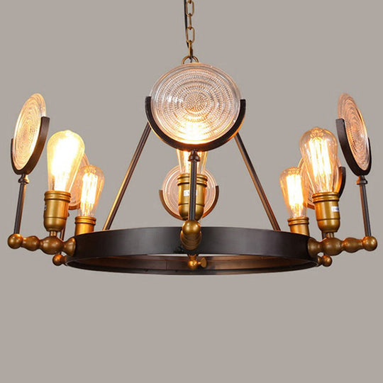 Clear Textured Glass Chandelier: Round Industrial Pendant Lighting - 6/8 Light | Brass Finish for Dining Room