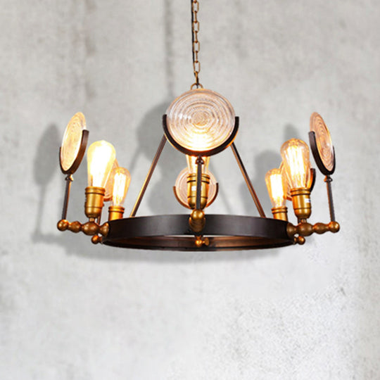 Clear Textured Glass Chandelier: Round Industrial Pendant Lighting - 6/8 Light | Brass Finish for Dining Room