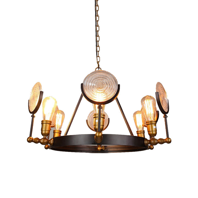 Clear Textured Glass Chandelier: Round Industrial Pendant Lighting - 6/8 Light | Brass Finish for Dining Room