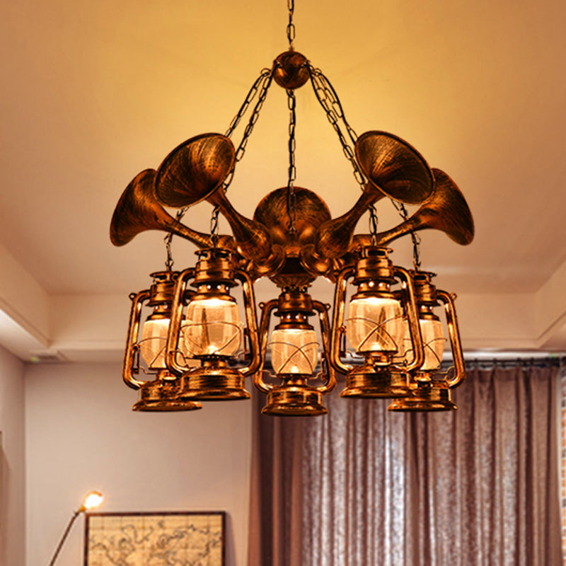 Coastal Antique Brass Lantern Shade Ceiling Lamp with Clear Glass - Dining Room Pendant Chandelier (3/5 Bulb Option)