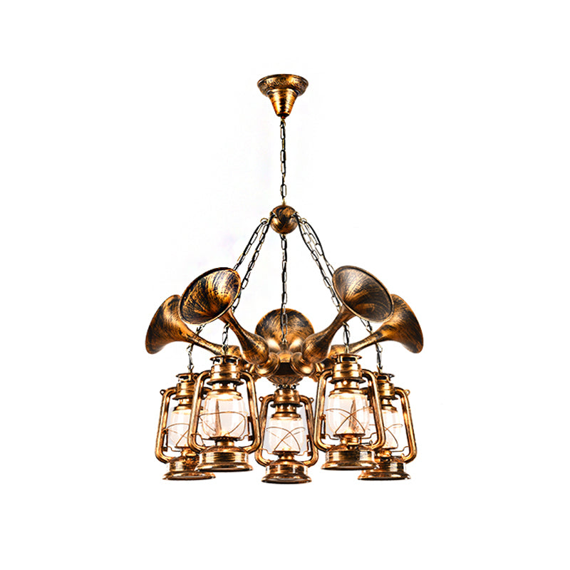 Coastal Antique Brass Lantern Shade Ceiling Lamp with Clear Glass - Dining Room Pendant Chandelier (3/5 Bulb Option)