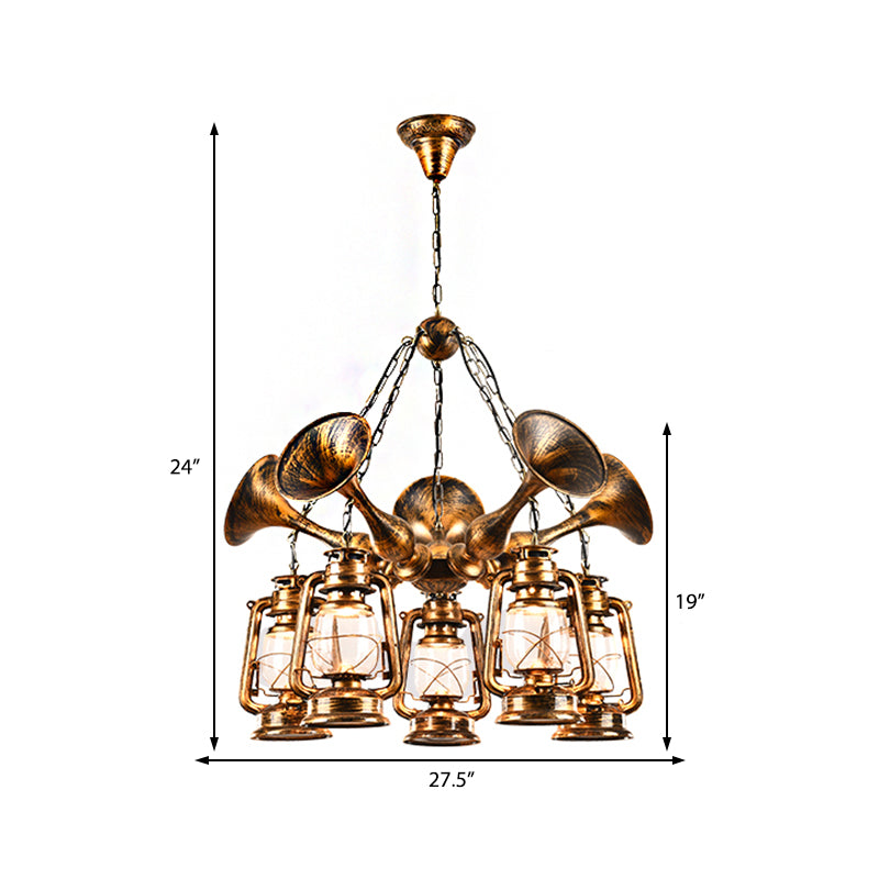 Coastal Antique Brass Lantern Shade Ceiling Lamp with Clear Glass - Dining Room Pendant Chandelier (3/5 Bulb Option)