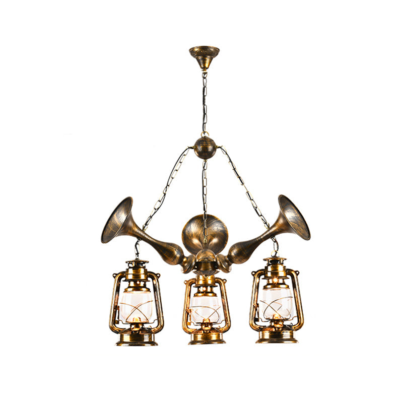 Coastal Antique Brass Lantern Shade Ceiling Lamp with Clear Glass - Dining Room Pendant Chandelier (3/5 Bulb Option)