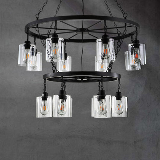 Industrial Clear Glass Cylinder Dining Room Ceiling Chandelier With Chain - Black Hanging Fixture