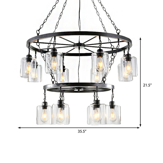 Industrial Clear Glass Cylinder Chandelier – Black 6/14 Light Hanging Fixture for Dining Room Ceiling