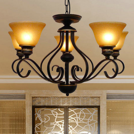 Traditional 5-Light Beige Frosted Glass Chandelier: Black Bell Pendant Fixture