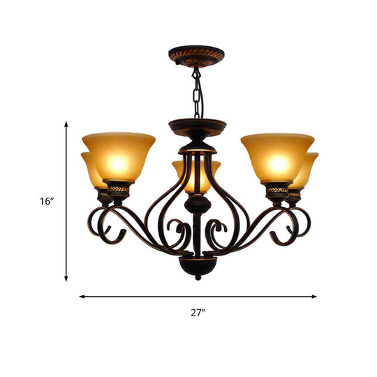 Traditional 5-Light Beige Frosted Glass Chandelier: Black Bell Pendant Fixture