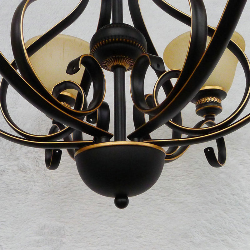 Traditional 5-Light Beige Frosted Glass Chandelier: Black Bell Pendant Fixture